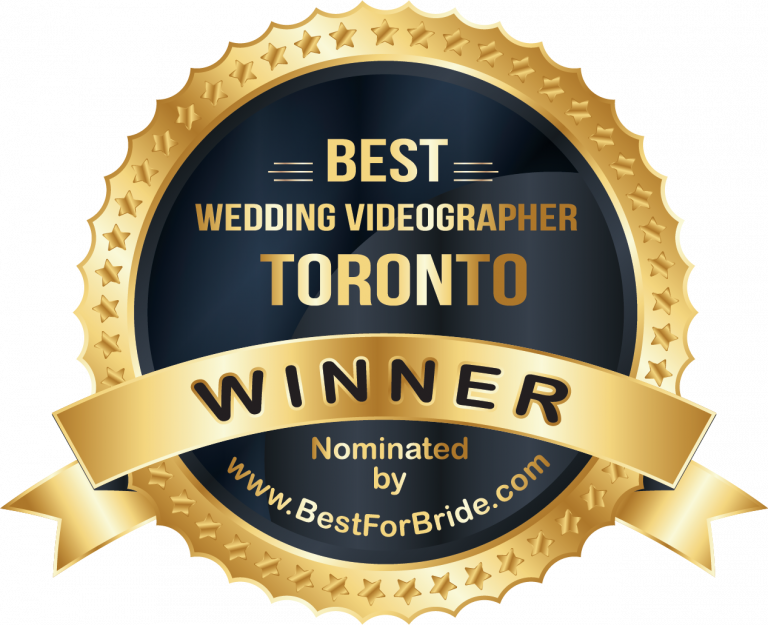 An award badge for 'BEST Wedding Videographer TORONTO WINNER' with a golden ribbon and a note 'Nominated by www.BestForBride.com.